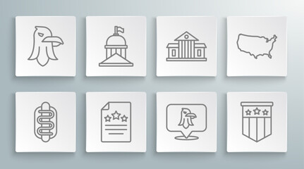 Set line Hotdog sandwich, White House, Declaration of independence, Eagle, American flag, USA map and icon. Vector