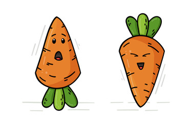 Vector illustration of a small set of two carrot characters. The bright vegetable is isolated on a white background. Emotion. Mood. Drawing with a vivid outline.