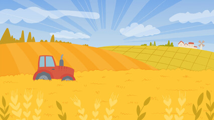Vector illustration of a tractor in a field of wheat. Beautiful landscape of a summer field. Countryside © Yana