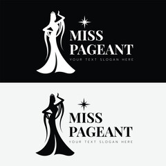 Miss pageant logo - The beauty queen pageant raise hand to touch the crown on head and spread out your arms in long evening gown vector design