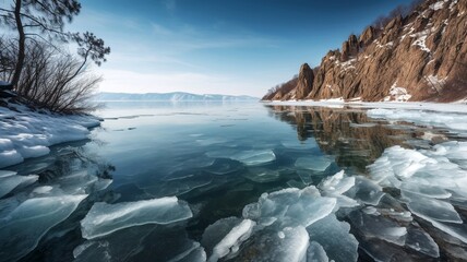 Fototapeta na wymiar baikal lake with ice floes on the shore generative ai