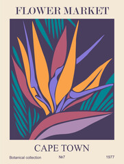 Fototapeta na wymiar Abstract Flower Poster Flower market Cape Town print. Trendy botanical wall art with floral design in bright purple and orange colors. Modern groovy interior decoration, painting. Vector illustration.