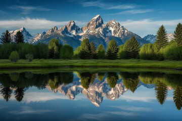 A panoramic view of a mountain range, with jagged peaks rising high into the sky - Generative AI
