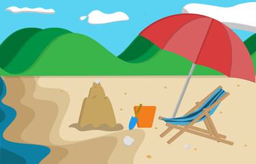 beach background With beach chairs, piles of sand, red umbrellas, orange buckets, mountains, clouds, sea waves, sandy beaches, seashells, seashells, sky.