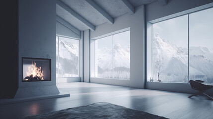 Architecture, empty living room with large windows. AI generated