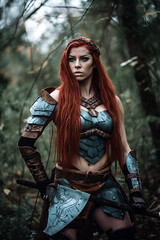 Obraz na płótnie Canvas Young and beautiful female warrior in medieval fantasy leather armor. Medieval cosplay created with generative AI