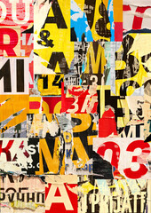 Collage of many numbers and letters ripped torn advertisement street posters grunge creased...