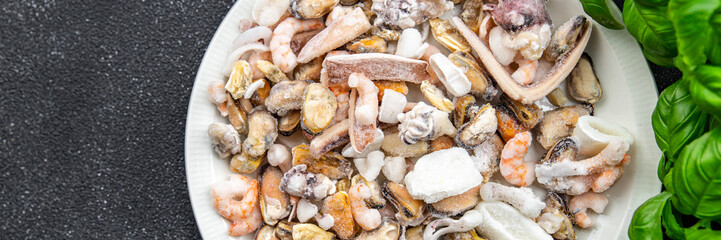 seafood frozen food Seafood Cocktail mussels, rapan, octopus, scallop, squid healthy meal food snack on the table copy space food background rustic top view pescatarian diet