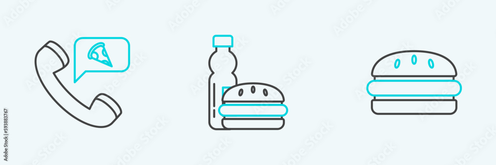 Wall mural Set line Burger, Food ordering pizza and Bottle of water and burger icon. Vector