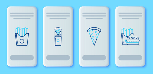 Set line Doner kebab, Slice of pizza, Potatoes french fries in carton package box and Burger and icon. Vector