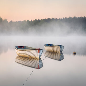 Two Small wooden row boats ready for fisherman Loch Rusky Scotland during a calm sunrise