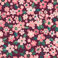 Cherry blossoms, sakura tree, seamless watercolor pattern on a burgundy background. Vector illustration, ready to print. It can be used for wallpaper decoration, textile design.