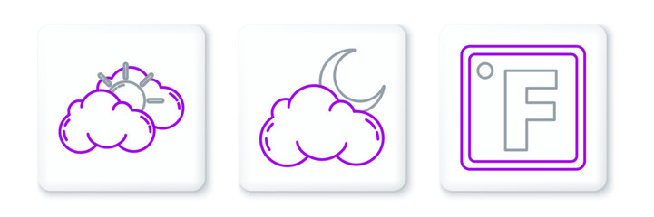 Fototapeta premium Set line Fahrenheit, Sun and cloud weather and Cloud with moon stars icon. Vector
