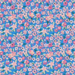 Blooming red cherry on a blue background, sakura tree, seamless watercolor pattern. Vector illustration, ready to print. It can be used to decorate wallpaper.