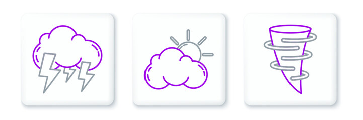Set line Tornado, Storm and Sun and cloud weather icon. Vector