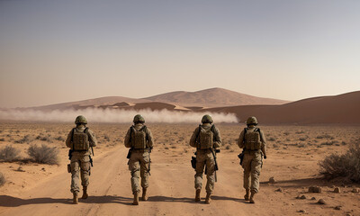 Team airborne infantry men with weapons moving patrolling desert storm. Sand, blue sky on...