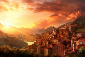 Obraz premium Italian town in sunset. Generate Ai