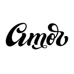 Amor hand lettering, love black ink smooth brush calligraphy isolated on white background.