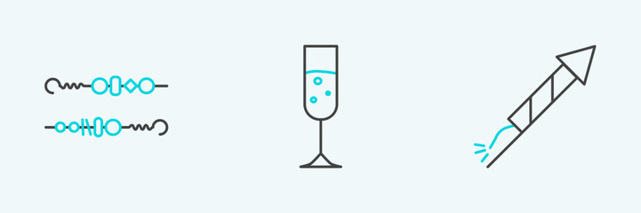 Set line Firework rocket, Grilled shish kebab and Glass of champagne icon. Vector