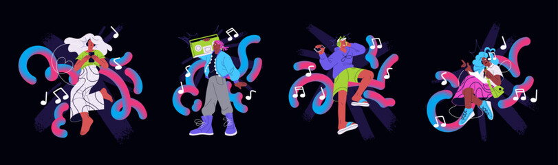 People listening to pop music set. Characters in headphones with mobile phones, audio sound players. Happy bright men, women with earphones, retro boombox. Isolated flat vector illustrations