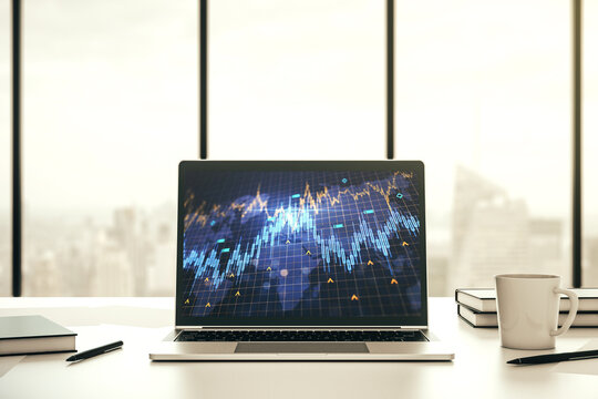 Modern computer monitor with abstract creative financial chart with world map, research and strategy concept. 3D Rendering