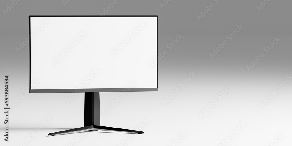 Poster mockup computer monitor with blank screen on grey background. black pc monitor mockup with white scr