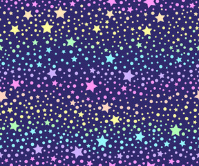Fototapeta na wymiar Cute fantasy starry galaxy in unicorn colors. Seamless pattern in princess colors. Ornament for gift wrapping paper, fabric, clothing, textile, surface texture, scrapbook. Vector illustration.