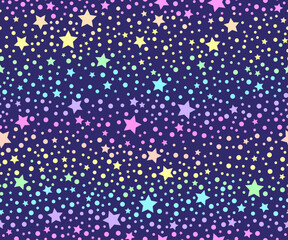 Cute fantasy starry galaxy in unicorn colors. Seamless pattern in princess colors. Ornament for gift wrapping paper, fabric, clothing, textile, surface texture, scrapbook. Vector illustration.