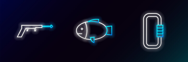 Set line Carabiner, Fishing harpoon and icon. Glowing neon. Vector