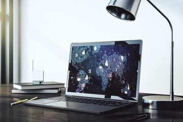 Modern computer monitor with social network icons concept with world map. Marketing and promotion...