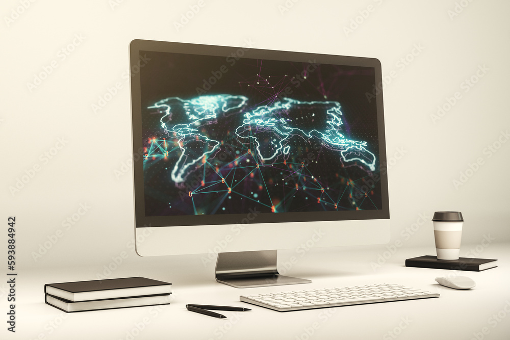 Aufkleber computer monitor with abstract creative digital world map, globalization concept. 3d rendering