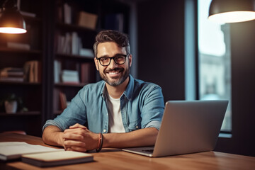 Mann lacht und sitzt zu Hause vorm Computer oder Laptop - Thema Homeoffice, Student, Studieren oder Arbeiten - Generative AI - obrazy, fototapety, plakaty
