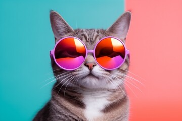 animal sunglasses cute neon funny pet colourful cat fashion portrait. Generative AI.