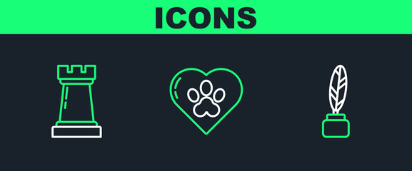 Set line Feather and inkwell, Chess symbol and Heart with animals footprint icon. Vector