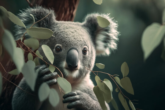 Koala marsupial sitting on a branch eating eucalyptus - Australia or endangered species theme - Generative AI