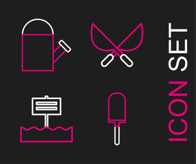 Set line Garden trowel spade or shovel, Blank wooden sign board, Gardening handmade scissors and Watering can icon. Vector