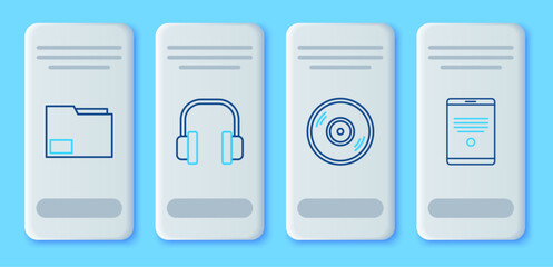 Set line Headphones, Vinyl disk, Document folder and Tablet icon. Vector