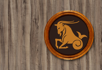 The sign of the zodiac Capricorn in a round frame on the wall of the boards