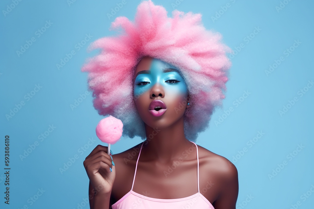 Wall mural woman with cotton candy hair eating sweet sugar candy desert, fictitious person. ai generated image