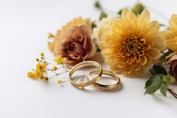 Two golden wedding rings with flowers, wedding details. Generate by ai