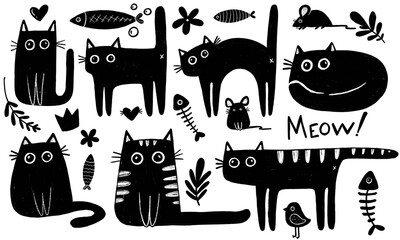 Black cats ink doodle style with fishes and mouses doodle ink  monochrome style