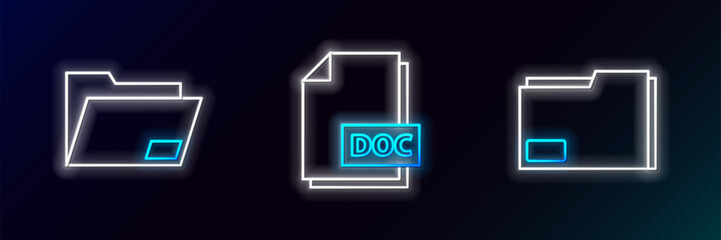 Set line Document folder, and DOC file document icon. Glowing neon. Vector