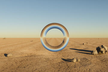 single glas ring hovering in the air in large empty desert environment; abstract surreal concept; 3D Illustration