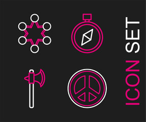 Set line Peace, Medieval axe, Compass and Police badge icon. Vector