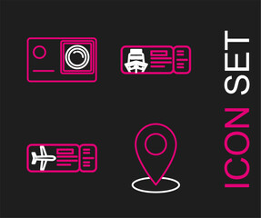 Set line Map pin, Airline ticket, Cruise for traveling by ship and Action extreme camera icon. Vector