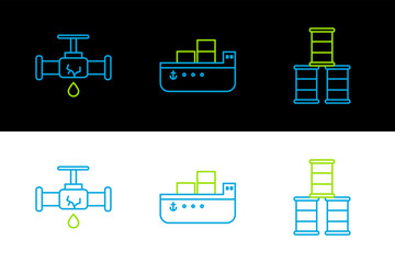 Set line Barrel oil, Broken pipe with leaking water and Oil tanker ship icon. Vector