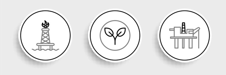 Set line Oil platform in the sea, rig with fire and Bio fuel icon. Vector