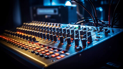 Obraz na płótnie Canvas sound mixer control, equipment for sound mixer control, electornic device, high-precision and long-stroke faders ,faders and sliders, Generative AI 