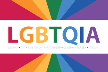 LGBTQIA Text Banner with rainbow background. LGBTQIA Typography with LGBT Gay Pride Flag Colours. LGBTQIA: Lesbian Gay Bisexual Transgender Queer Intersex Asexual