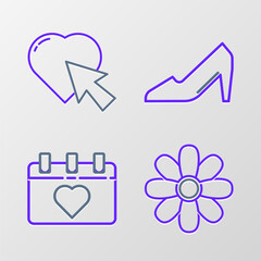 Set line Flower, Calendar with 8 March, Woman shoe and Heart and cursor click icon. Vector